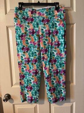 Soft Surroundings Teal, Purple & Orange Watercolor Dot Pull-On Capris
